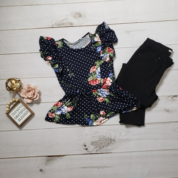 Navy Polka Dot & Floral Peplum Ruffled Top - Picture 1 of 4
